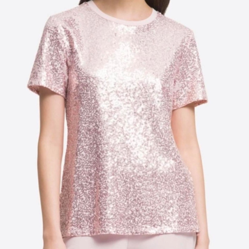 DKNY Bold Blooms Sequin Short Sleeve T-Shirt MEDIUM Blush Pink EUC!